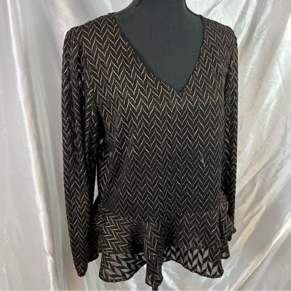 Halogen Black & Gold Jacquard Peplum Top – Luxe Glam | Elegant & Timeles